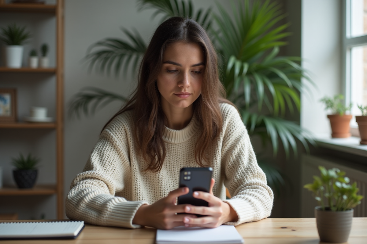 Femme utilisant un smartphone avec application VPN dans un bureau