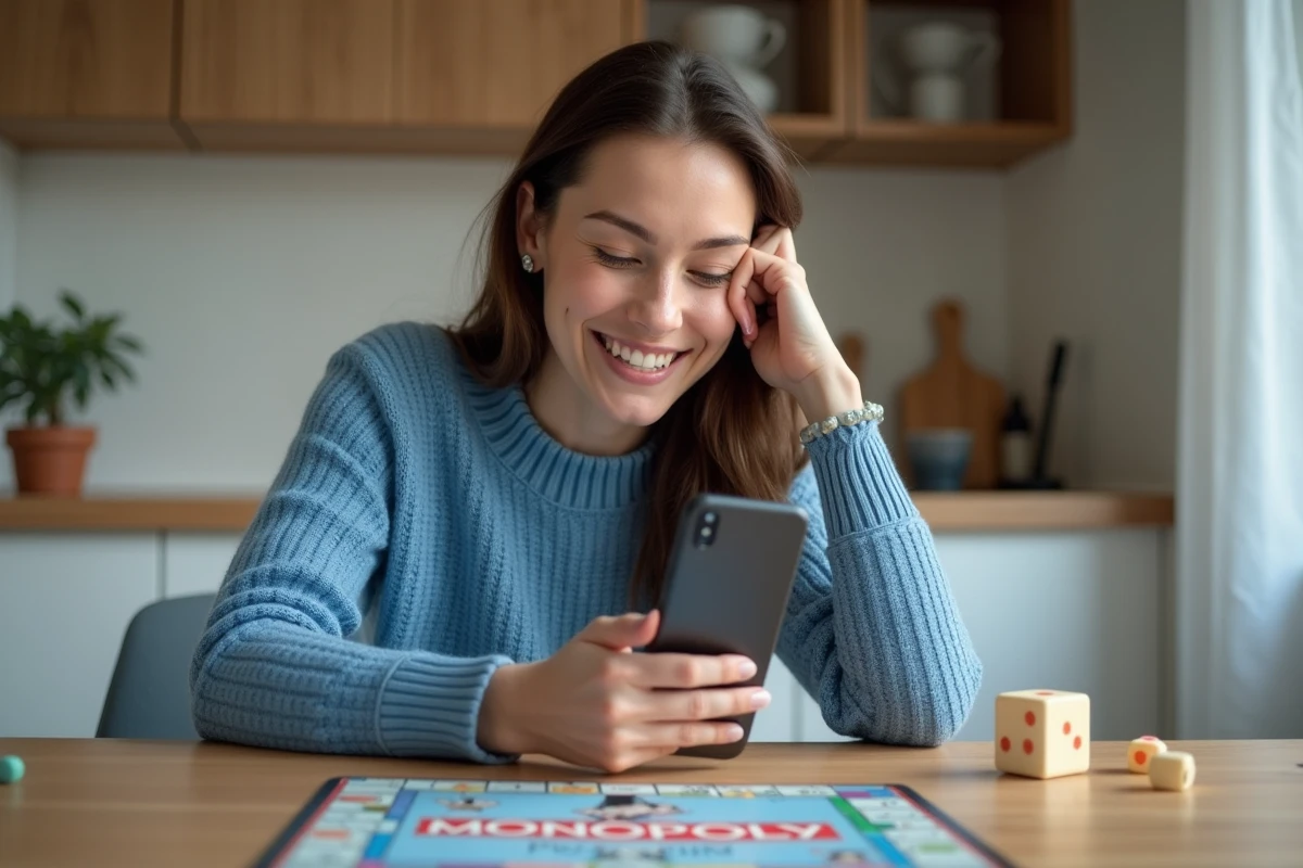 Femme souriante jouant à Monopoly GO dans la cuisine