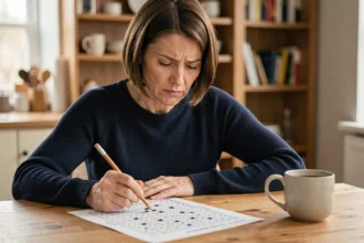 Femme concentrée résolvant une grille de sudoku à une table en bois, illustrant un défi de QI cérébral