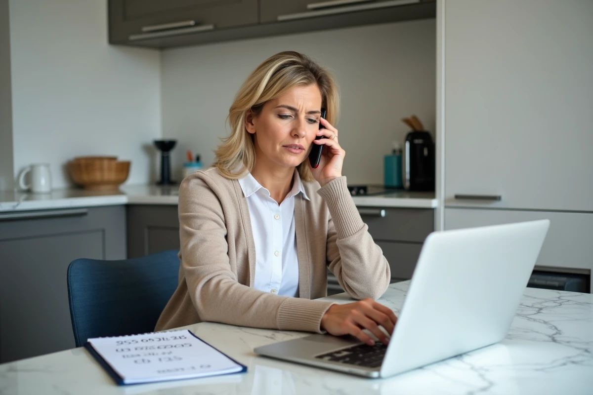 Femme d'âge moyen parlant au téléphone dans une cuisine moderne
