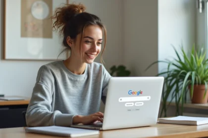 Jeune femme utilisant la toupie Google sur un ordinateur portable dans un bureau à domicile moderne