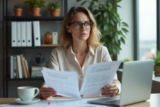 Femme au bureau compare des feuilles de calculs de temps