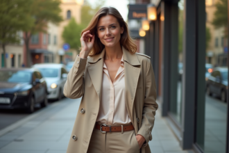 Femme élégante en ville avec trench et pantalon