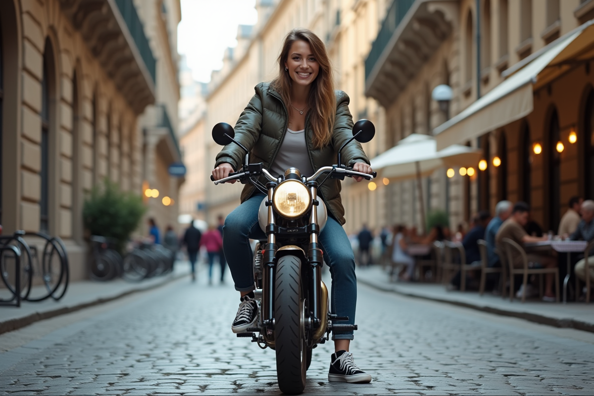 Jeune femme avec moto rétro dans une rue pavée urbaine