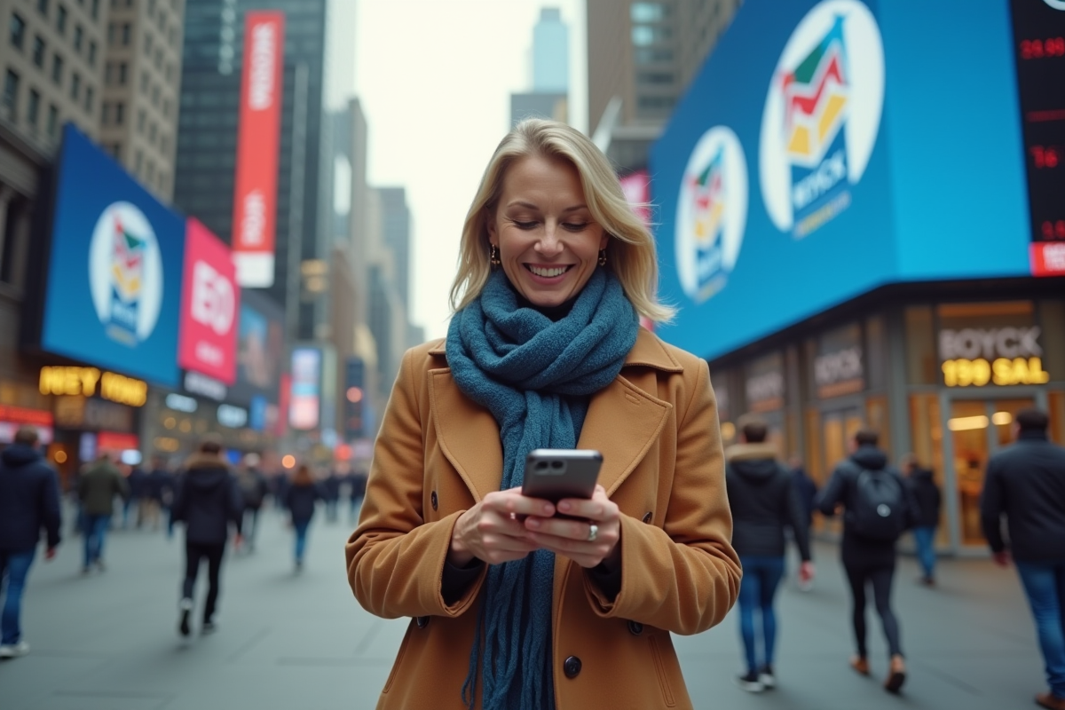 Femme urbaine souriante utilisant son smartphone Dogecoin