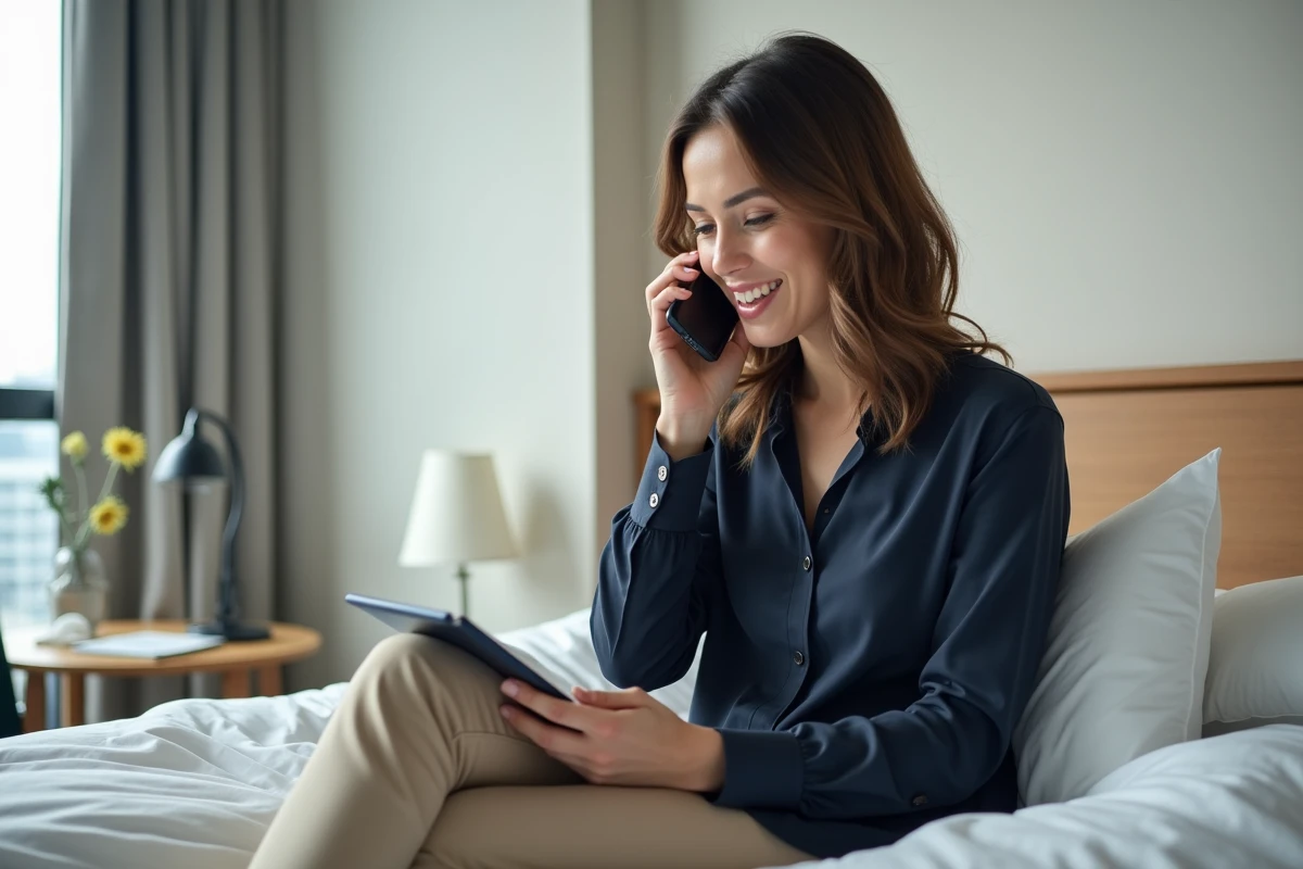 Femme en voyage écoute un message vocal dans une chambre d'hôtel