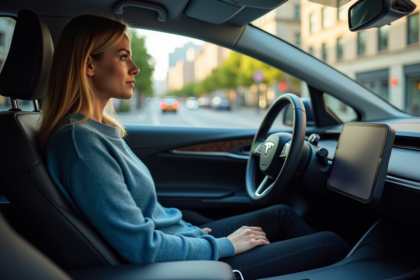 Femme dans une voiture autonome en ville moderne