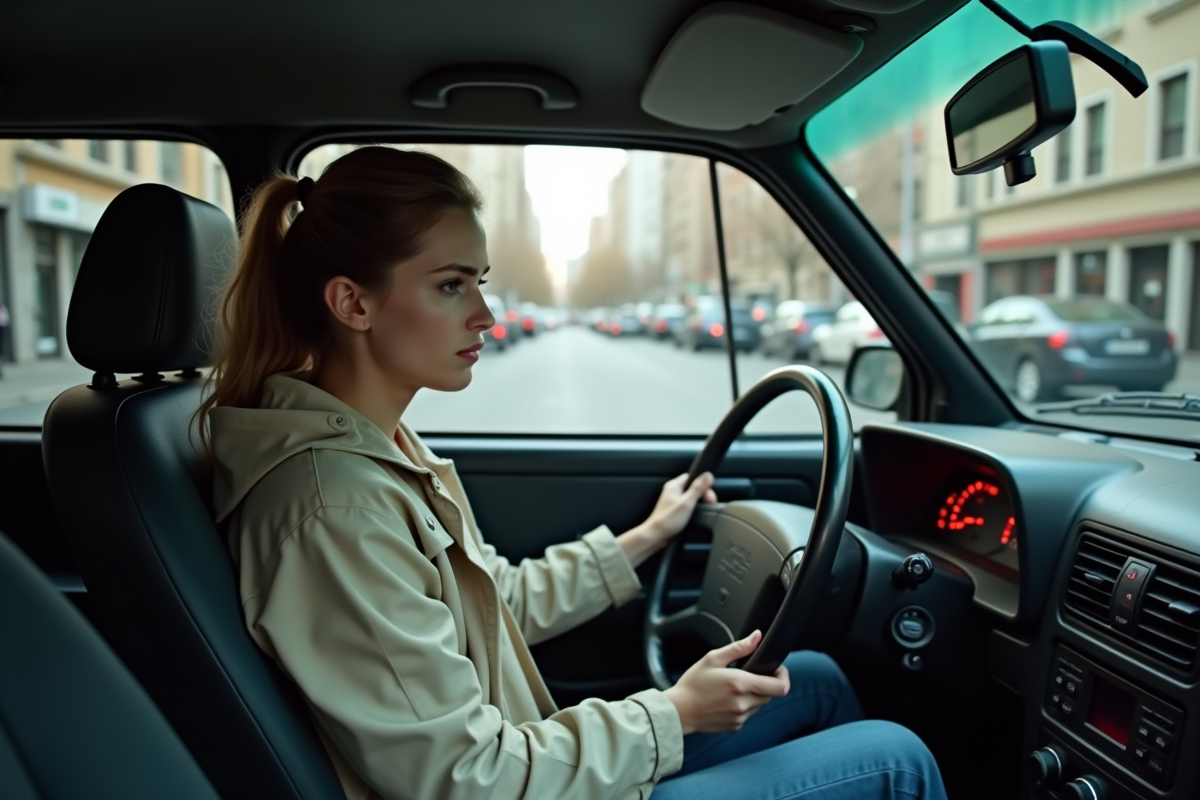 Jeune femme dans sa voiture en ville avec des témoins lumineux