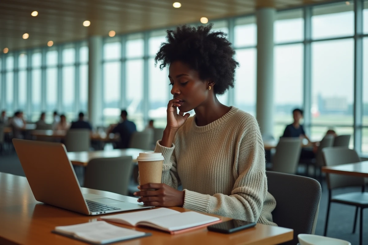 Jeune femme noire détendue dans un lounge aéroport
