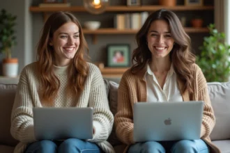 Deux femmes souriantes lors d'un appel vidéo à la maison