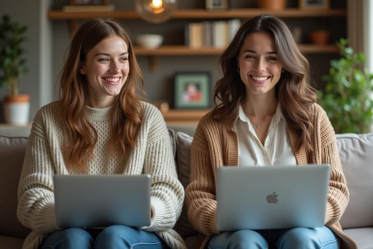 Deux femmes souriantes lors d'un appel vidéo à la maison