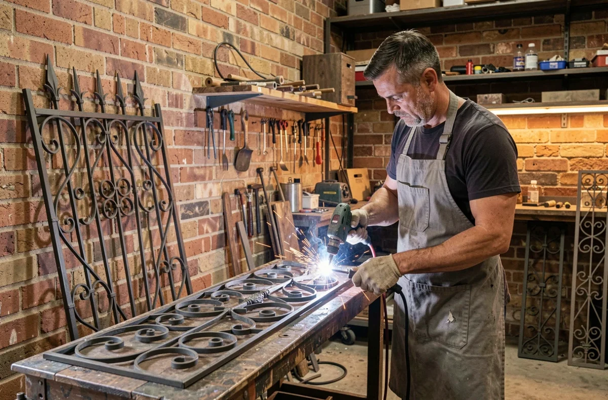 Artisan de FER ART COP travaillant sur des éléments en fer forgé dans un atelier artisanal