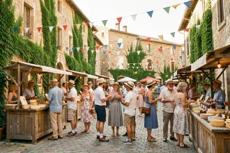 Fête de village en Aveyron avec habitants en tenue estivale autour des stands artisanaux sur une place médiévale pavée