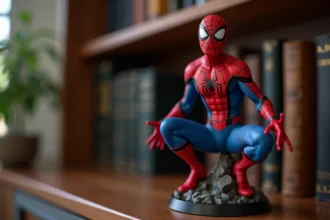 Figurine Spider-Man de collection haute qualité posée sur une étagère en bois avec finition détaillée et pose dynamique