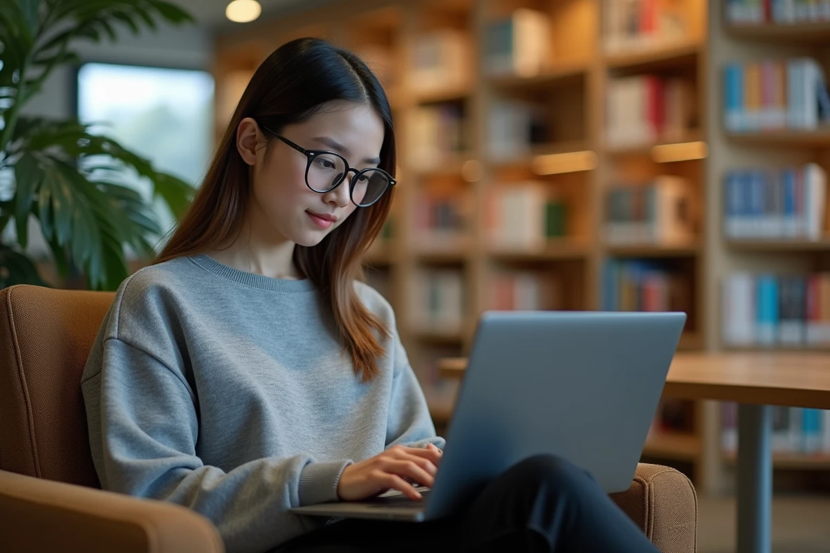Adolescente lisant manga numérique dans une bibliothèque moderne