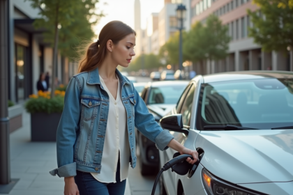 Jeune femme charge une voiture hybride en ville