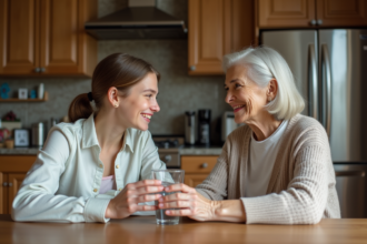 Fille offrant de l'eau à sa mère dans la cuisine chaleureuse