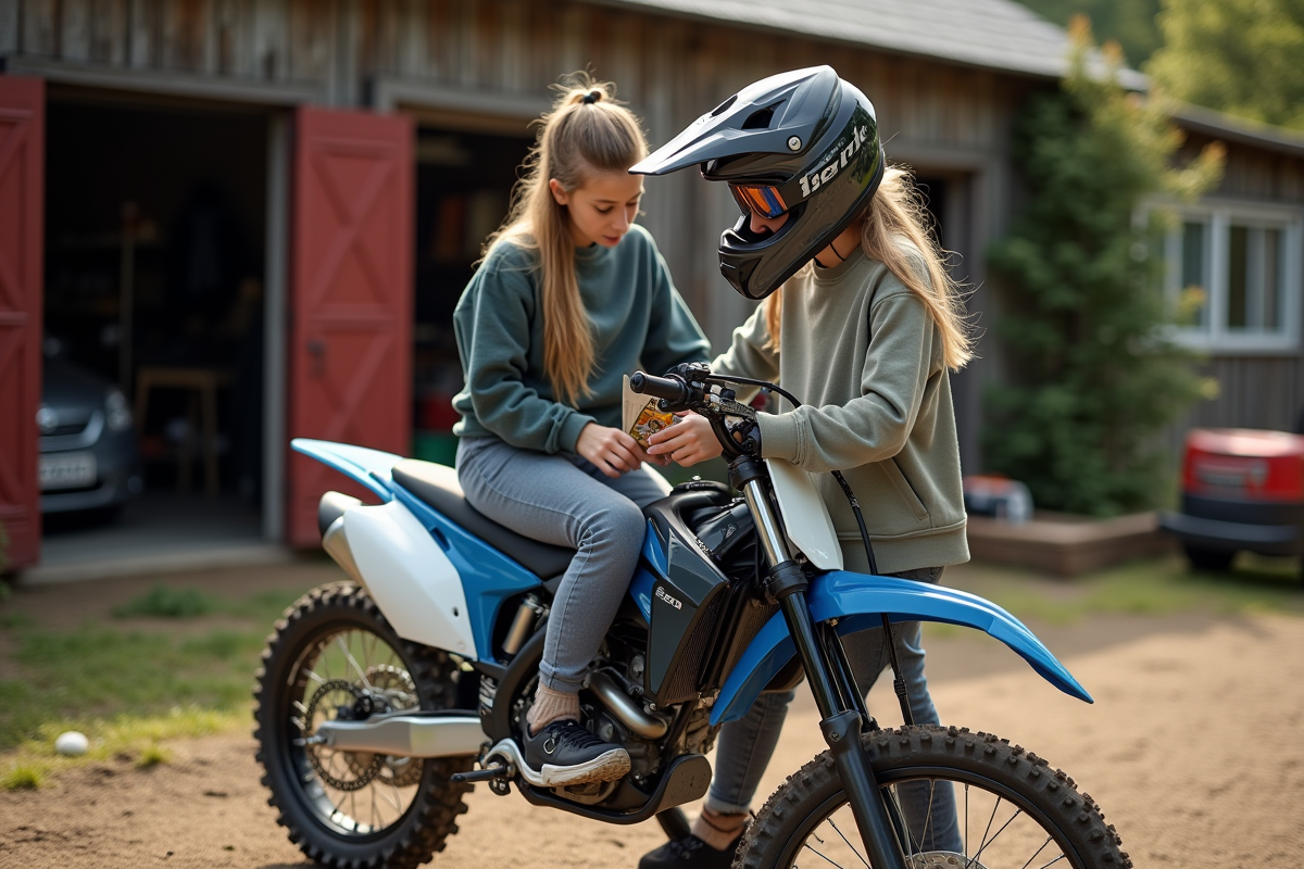Fille en motocross regardant un tableau comparatif de moto