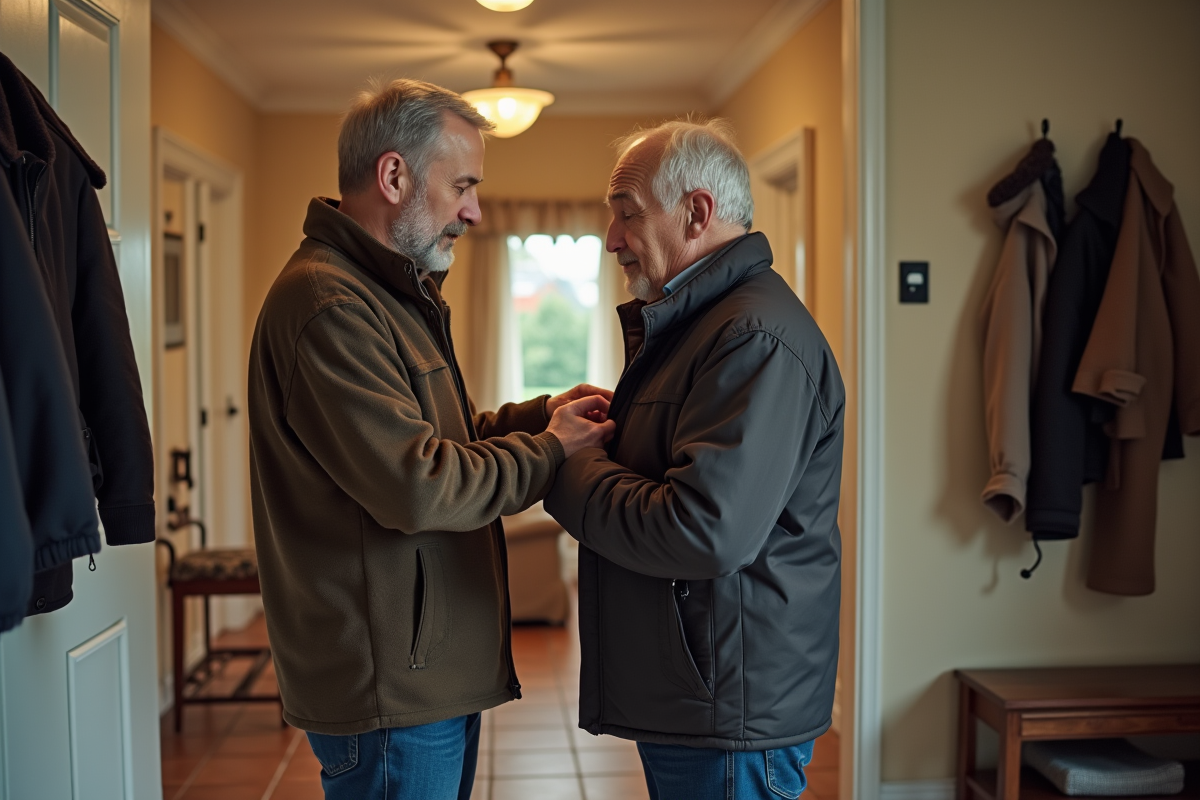 Fils aidant son père à mettre un manteau à l