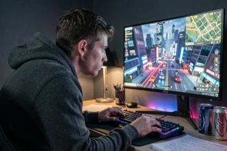 Gamer concentré devant un écran affichant une carte de ville open-world, illustrant l'attente de la sortie de GTA 6 en 2026