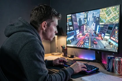 Gamer concentré devant un écran affichant une carte de ville open-world, illustrant l'attente de la sortie de GTA 6 en 2026