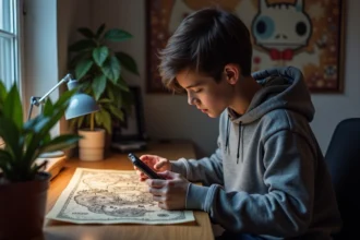 Jeune adulte jouant avec Switch et carte Hallownest