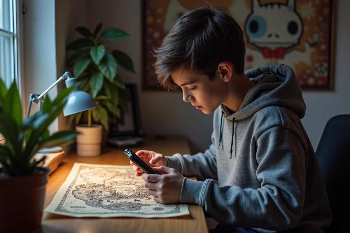 Jeune adulte jouant avec Switch et carte Hallownest