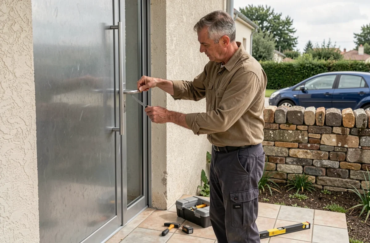 Jean-Philippe Gamet ajustant une porte blindée neuve dans l'encadrement d'une maison pavillonnaire