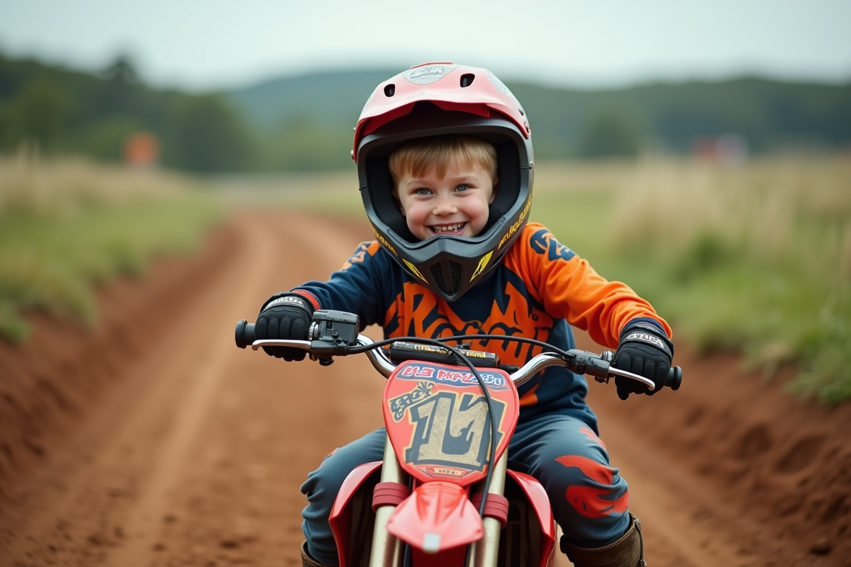 Garçon souriant en motocross sur une piste extérieure