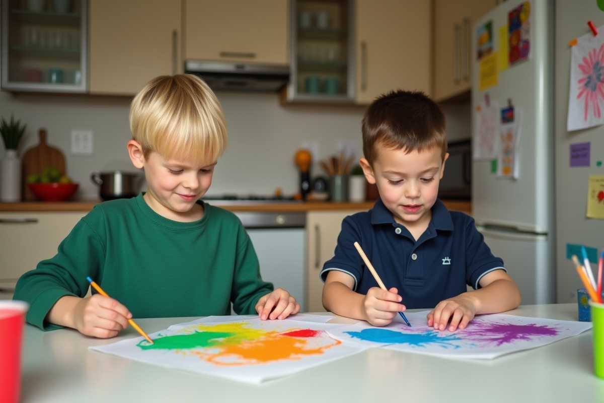 Deux garçons peignant des formes en papier dans la cuisine