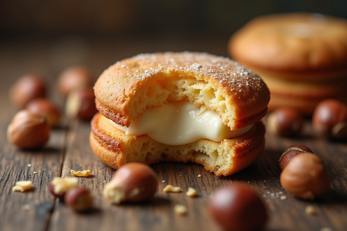 Gros plan d un biscuit joconde noisette coupé sur table en bois
