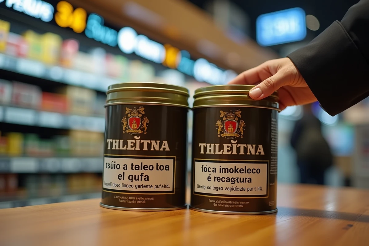 Gros plan sur deux seaux de tabac à rouler 1kg dans une boutique duty-free espagnole