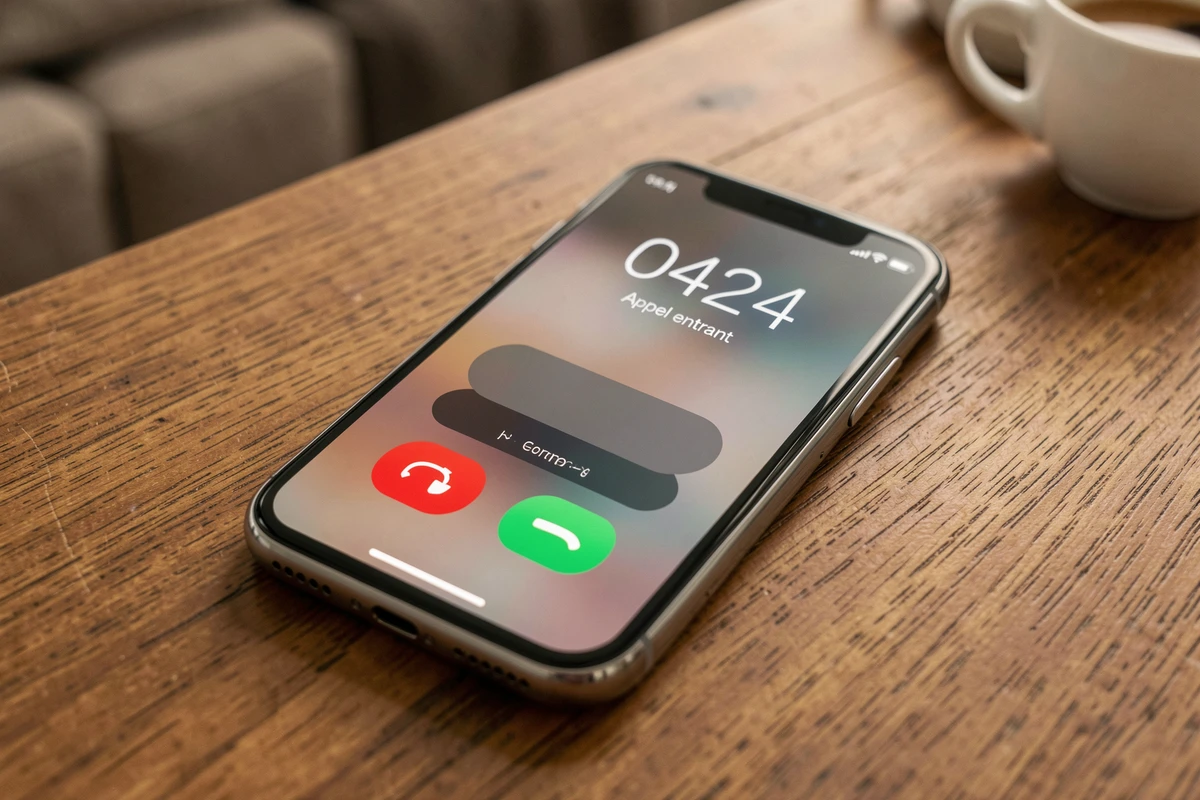 Gros plan sur un smartphone affichant un appel entrant d'un numéro 0424 associé au démarchage téléphonique posé sur une table en bois