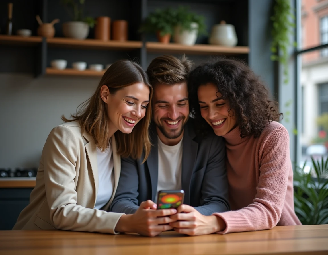 Groupe d'amis partageant une soirée conviviale autour d'une application mobile dans une cuisine moderne