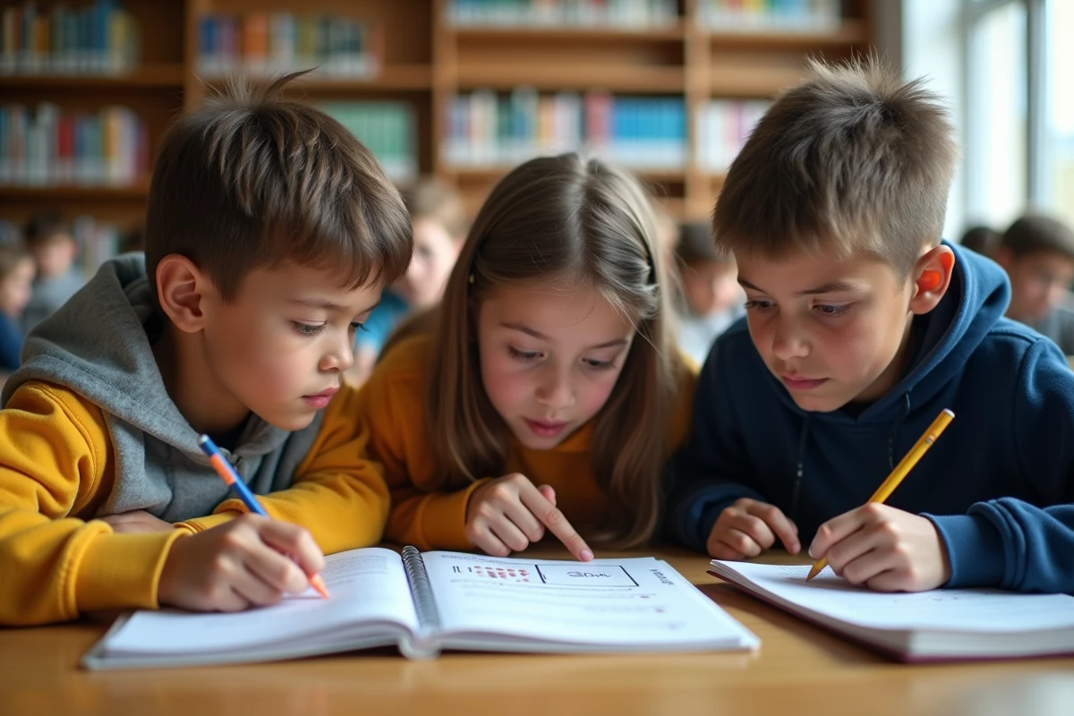 Groupe de collégiens discutant d'un problème de volume de 80ml dans une bibliothèque scolaire