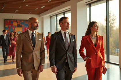 Groupe de personnes riches en mode luxe dans une galerie lumineuse