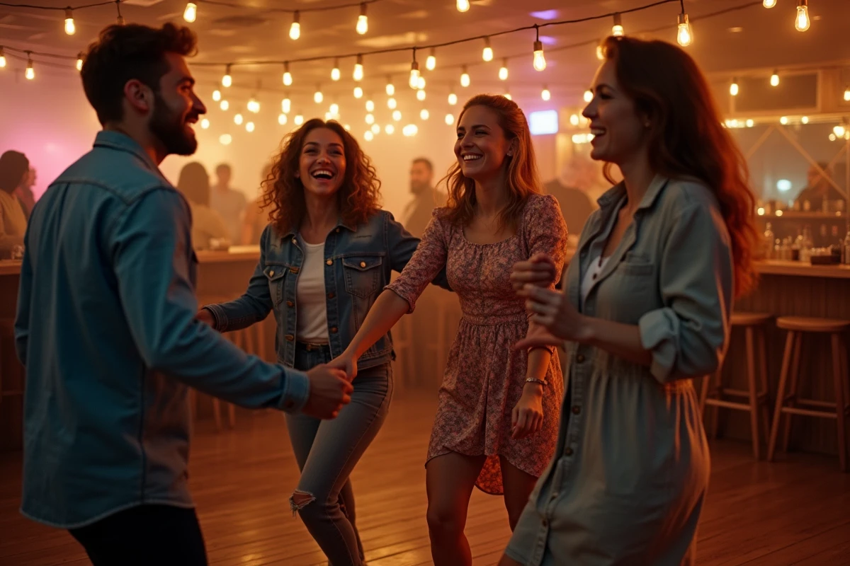 Groupe d'amis dansant dans un bar festif de Strasbourg avec ambiance soirée et décoration Edison bulb