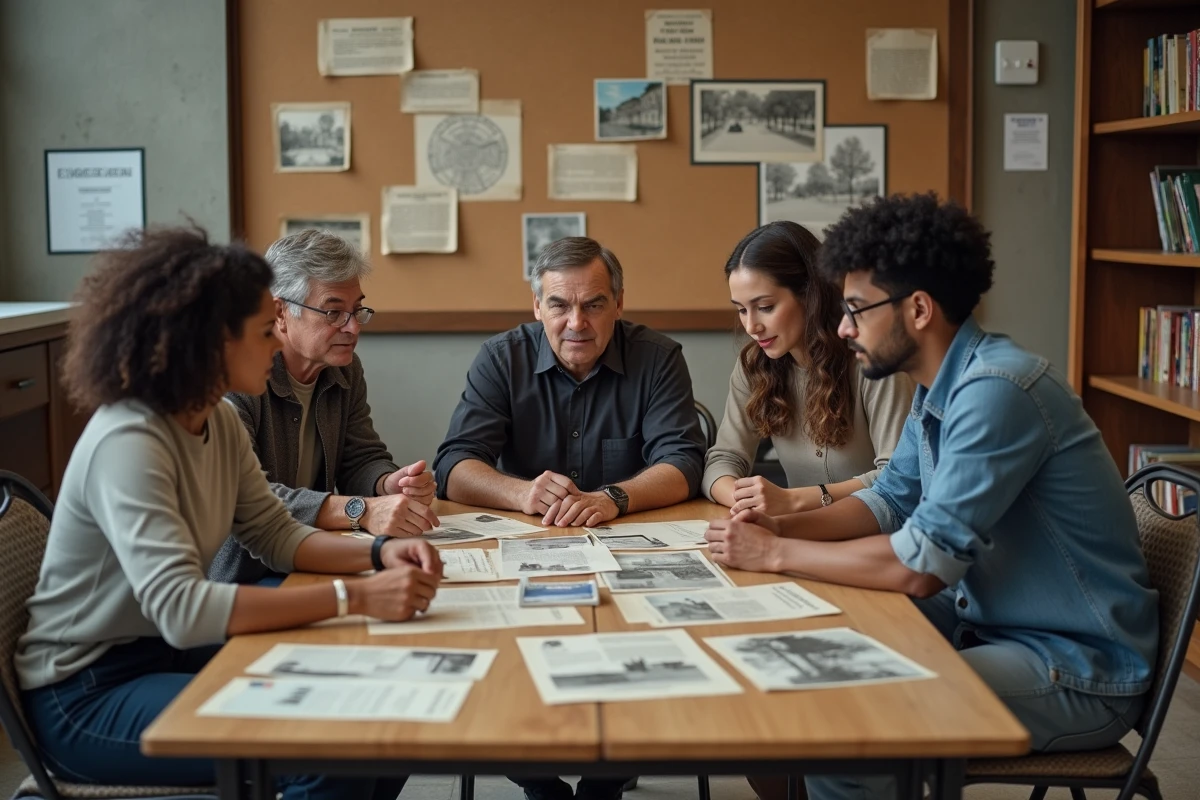 Groupe de militants réunis autour d'une table dans un centre communautaire pour étudier des archives historiques sur l'antifascisme