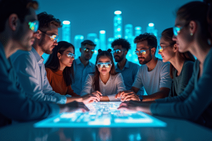 Groupe de personnes autour d une interface VR lumineuse