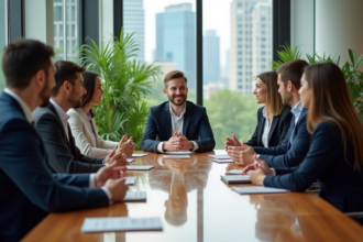 Groupe de professionnels en réunion dans un bureau moderne