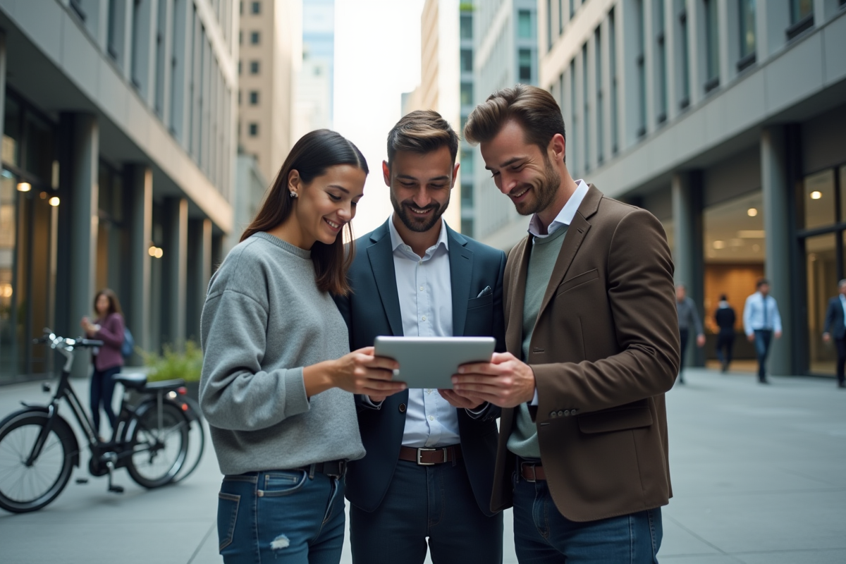 Groupe de jeunes professionnels discutant dehors en ville