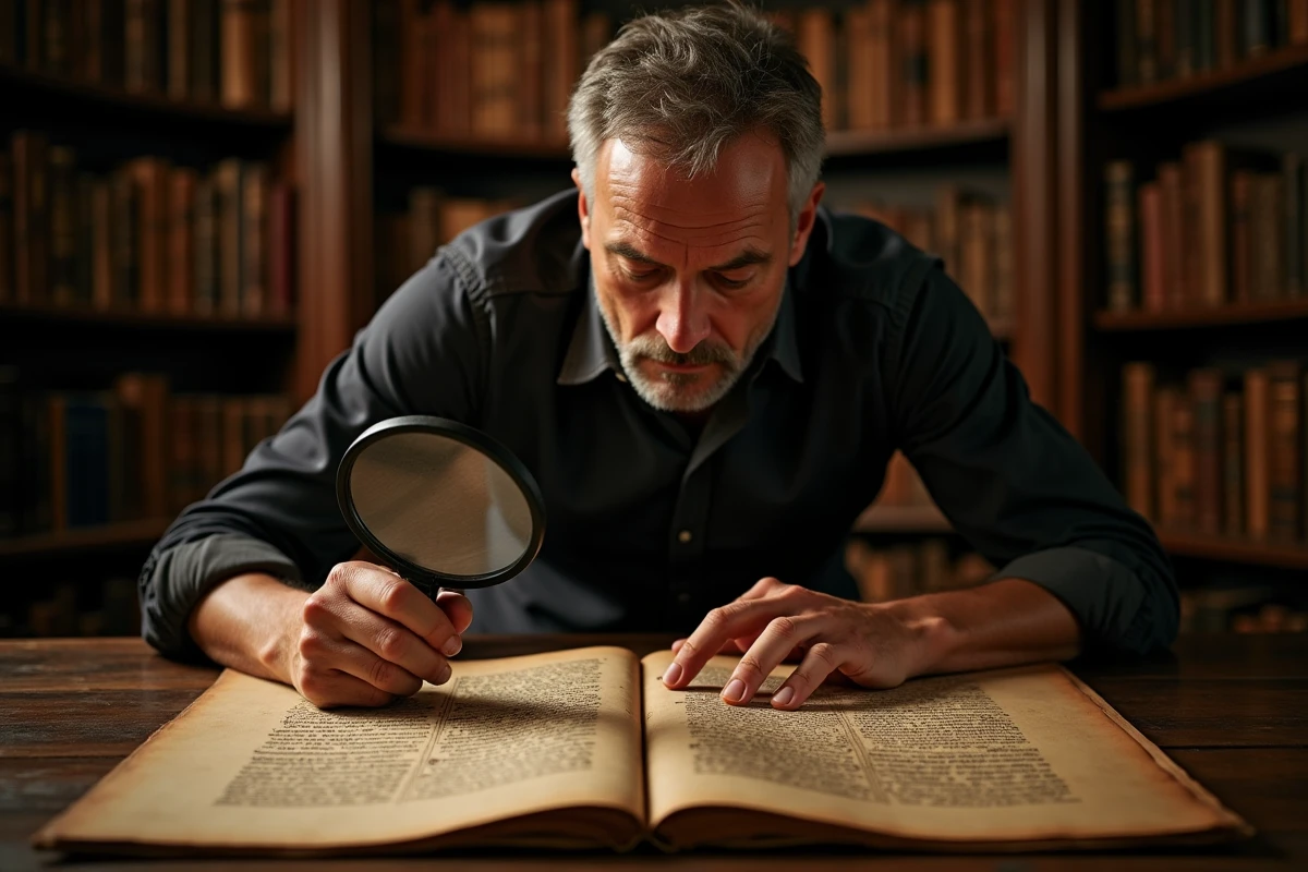 Chercheur historien étudiant un manuscrit ancien avec les symboles et la devise des Chevaliers Templiers