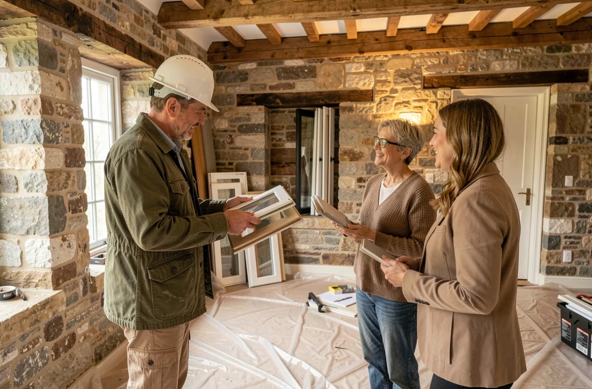 Conseiller de Home Reno Concept présentant des échantillons de menuiserie à des propriétaires dans une maison en rénovation