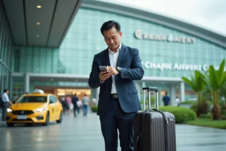 Homme d'affaires asiatique vérifiant son smartphone à Changi