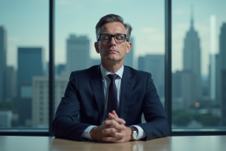 Homme d'affaires en costume navy détendu dans un bureau moderne