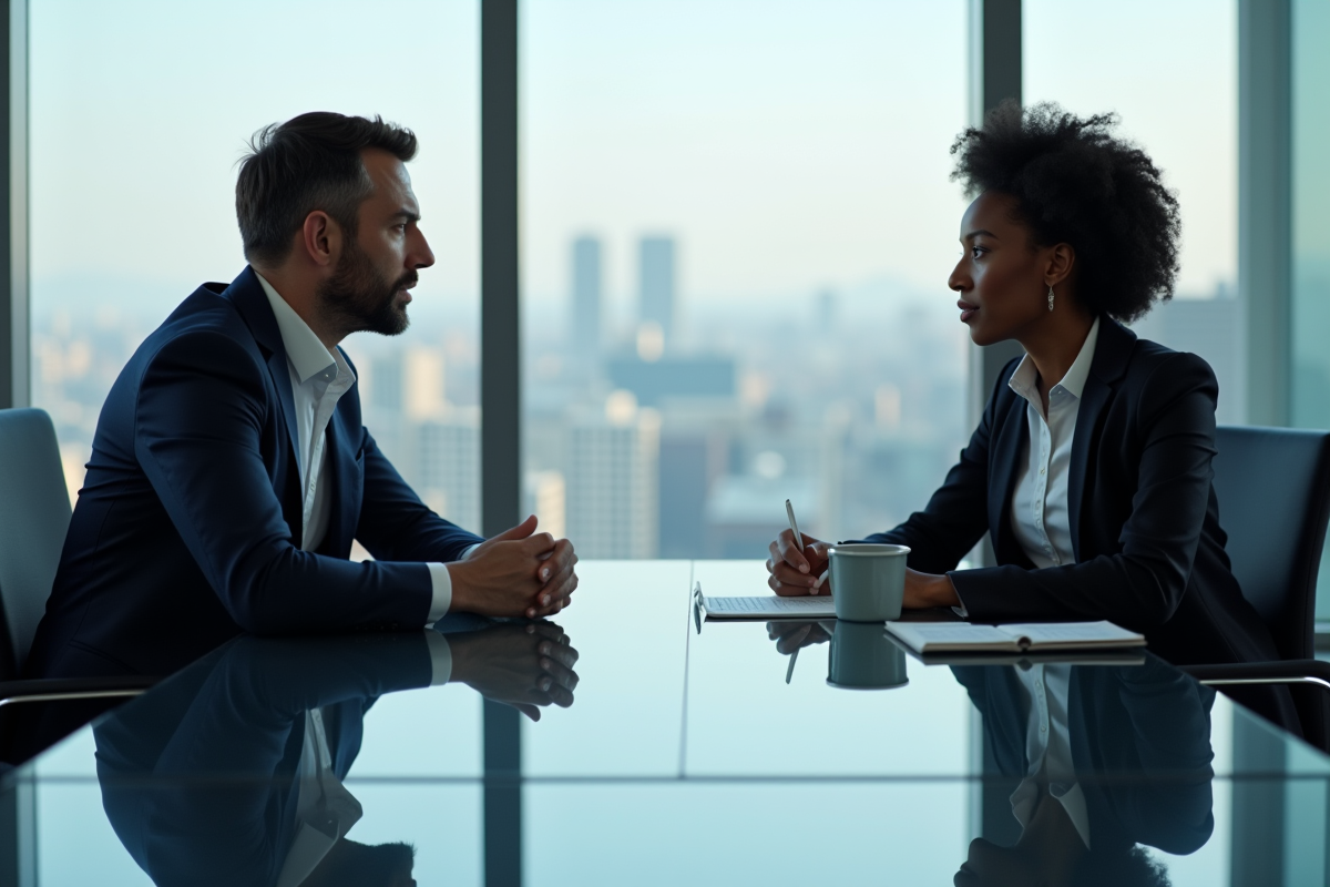 Homme d'affaires en costume bleu en discussion dans un bureau moderne