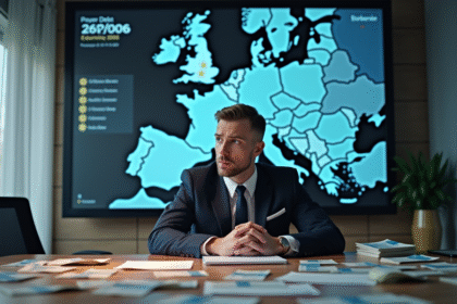 Homme d'affaires inquiet devant des dettes européennes