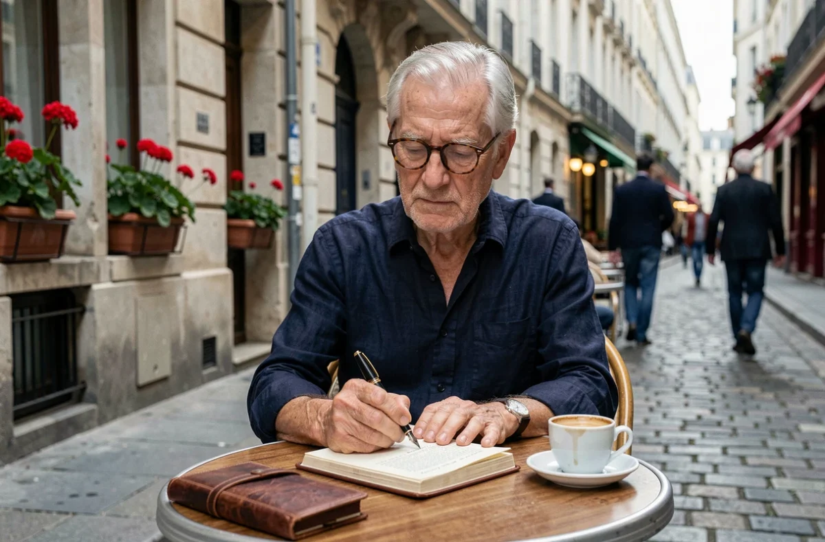 Homme âgé écrivant dans un journal en cuir à une table de café parisien en terrasse, évoquant la mémoire des rencontres et le hasard de la vie au travers des plus belles citations