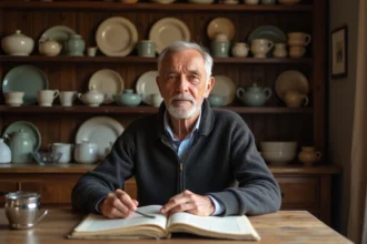 Homme âgé méditerranéen feuilletant des documents anciens