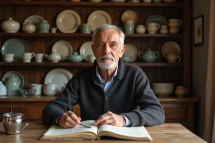 Homme âgé méditerranéen feuilletant des documents anciens